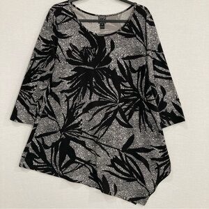 Clara Sun Woo Black Gray Stretch Round Neck Asymmetric Top Medium